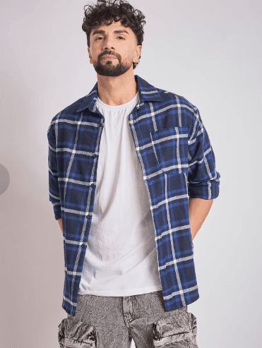men checkered long sleeve oversized casual shirt