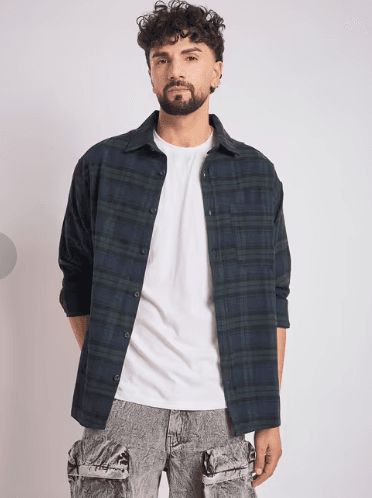 men checkered long sleeve oversized casual shirt