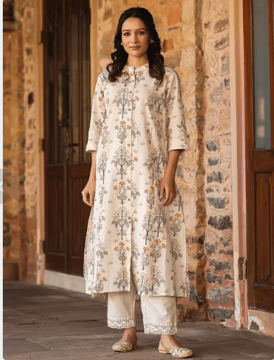 women floral printed three quarter sleeve straight kurta